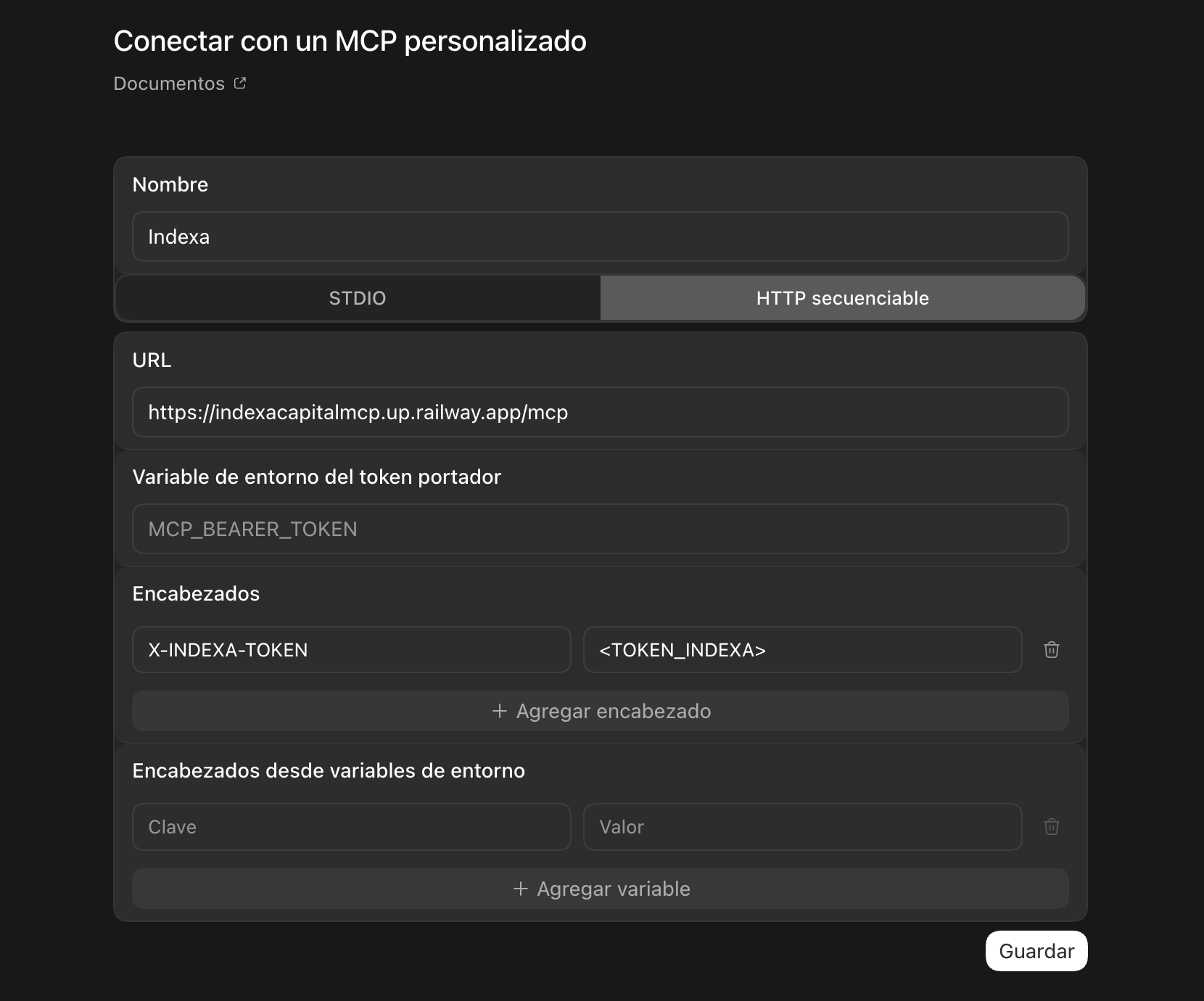 Diálogo de Codex 'Conectar con un MCP personalizado' con modo HTTP secuenciable, URL del MCP y encabezado X-INDEXA-TOKEN