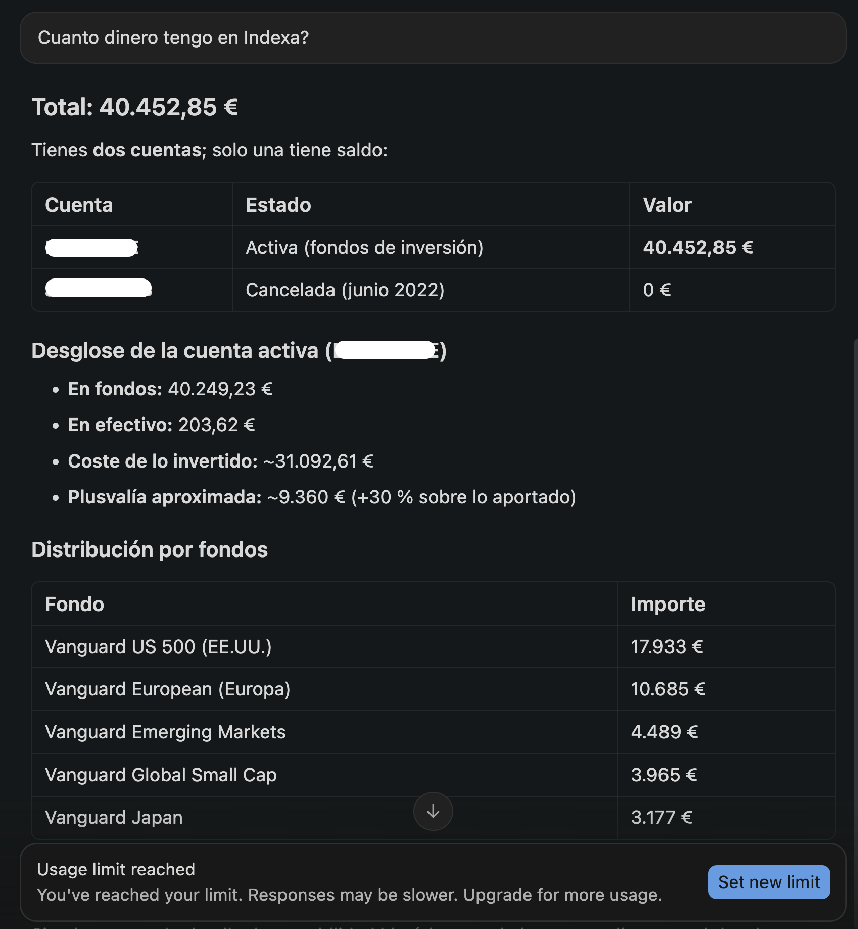 Ejemplo de conversación con tu asistente preguntando sobre la cartera de Indexa