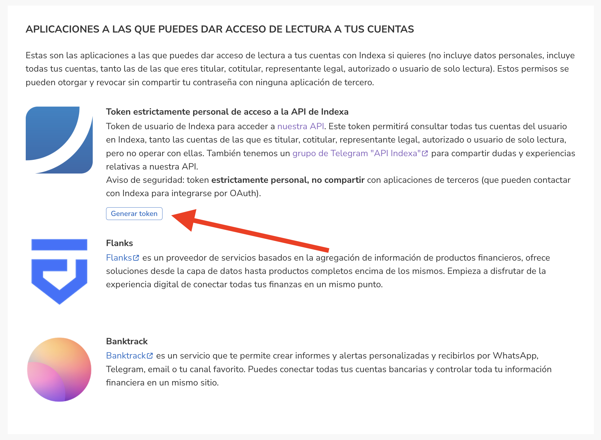 Pantalla de aplicaciones de Indexa con el botón Generar token resaltado